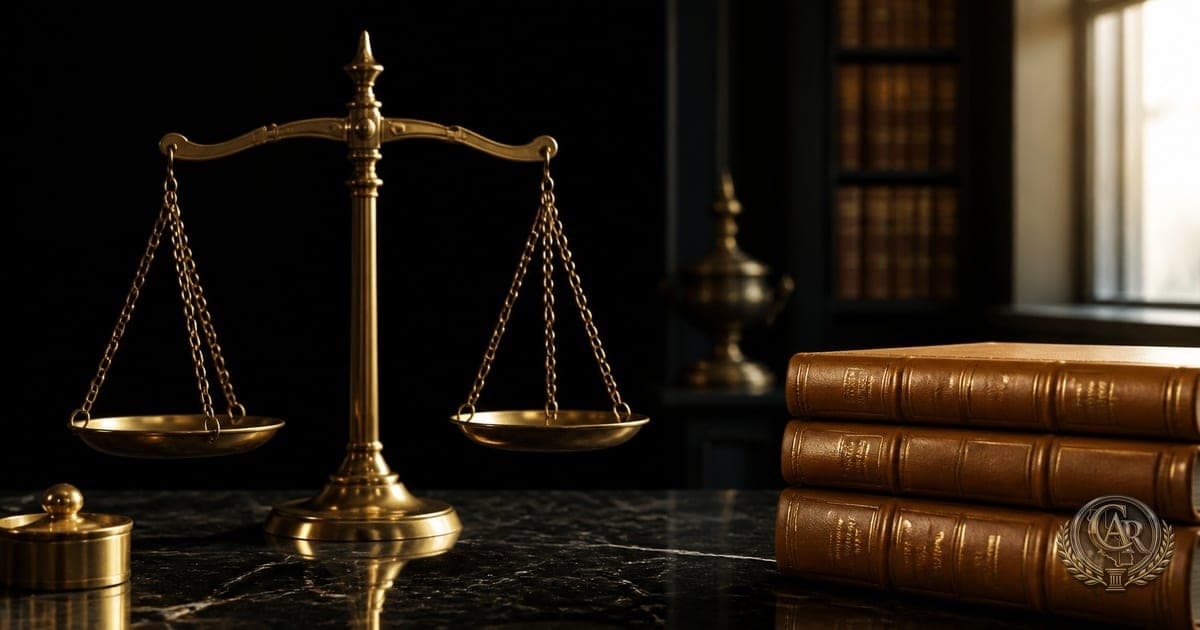 Brass scales of justice on a marble desk beside bound California codes in warm light