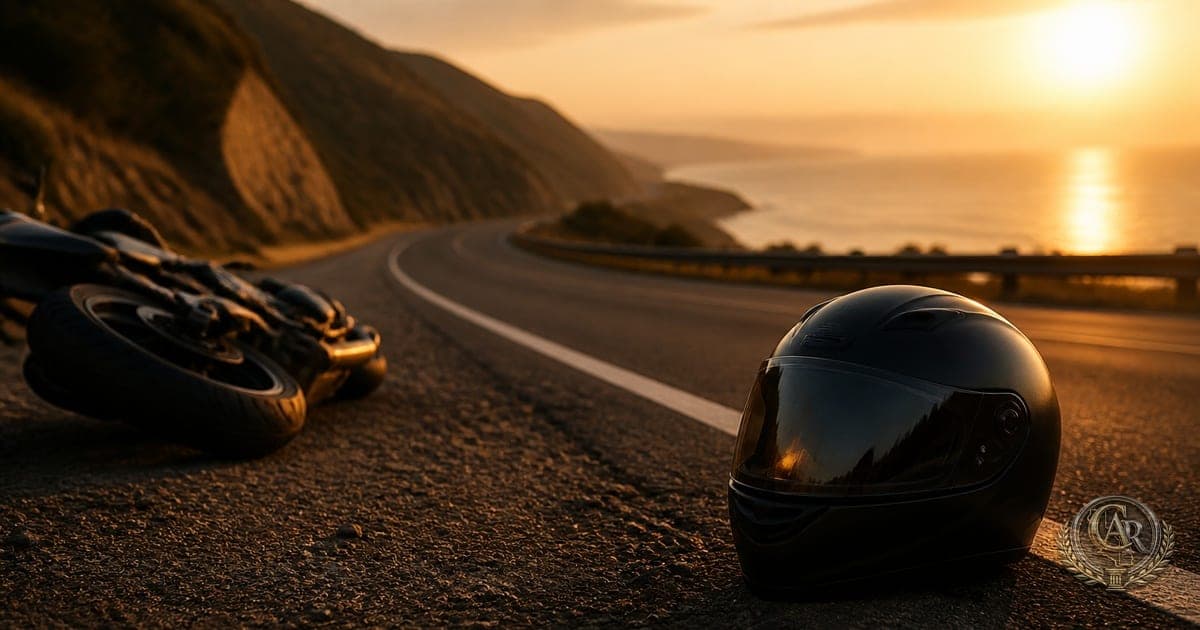Empty California highway lane at golden hour with motorcycle helmet resting on the asphalt shoulder