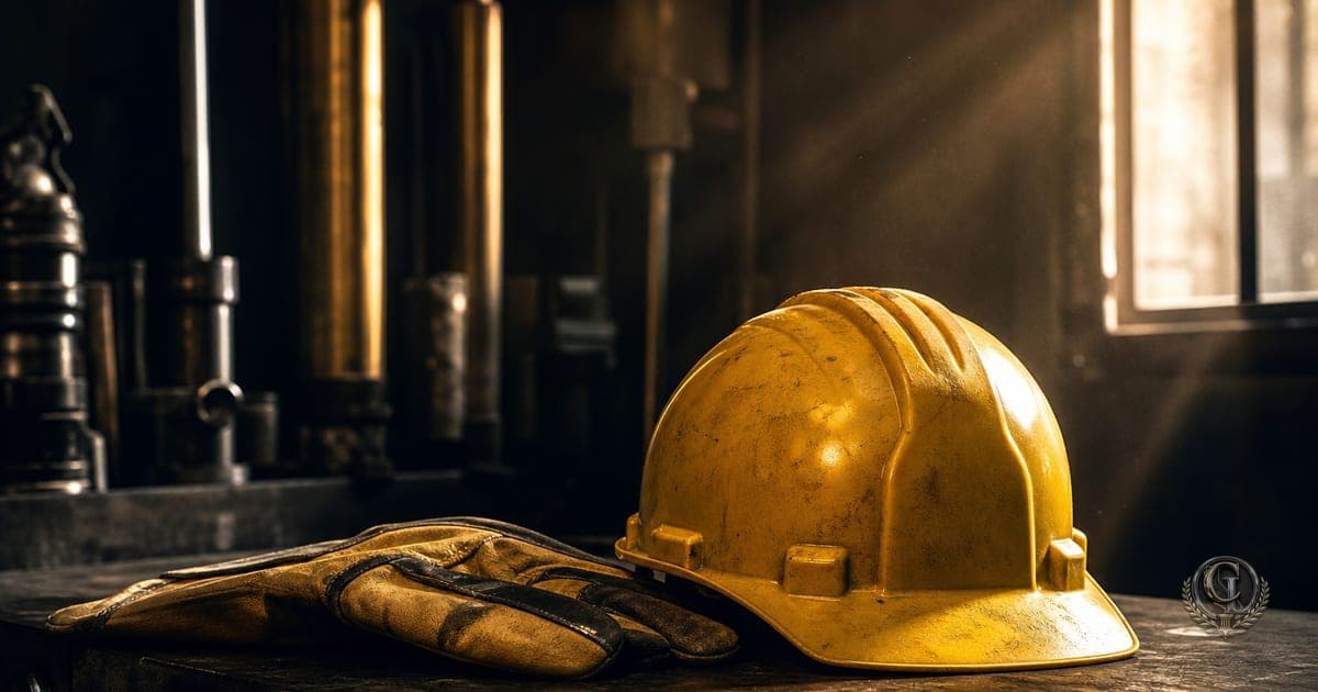 Yellow hard hat and safety gloves resting on steel workbench under soft window light