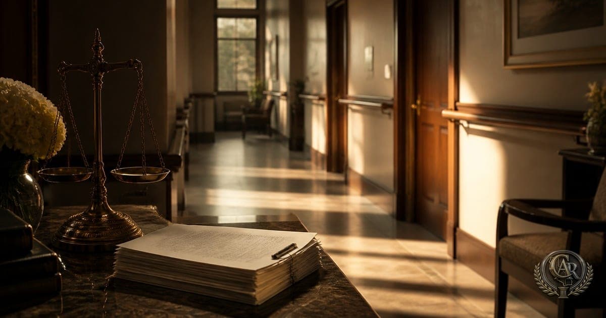 Sunlit empty care-facility hallway with polished handrail, wooden doors, and soft morning light on tile