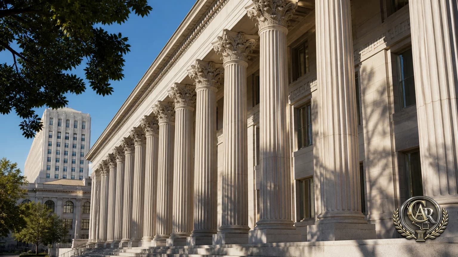 California Attorney Registry: fluted Corinthian columns along the sunlit stone facade of a California courthouse, with a civic tower and trees beyond