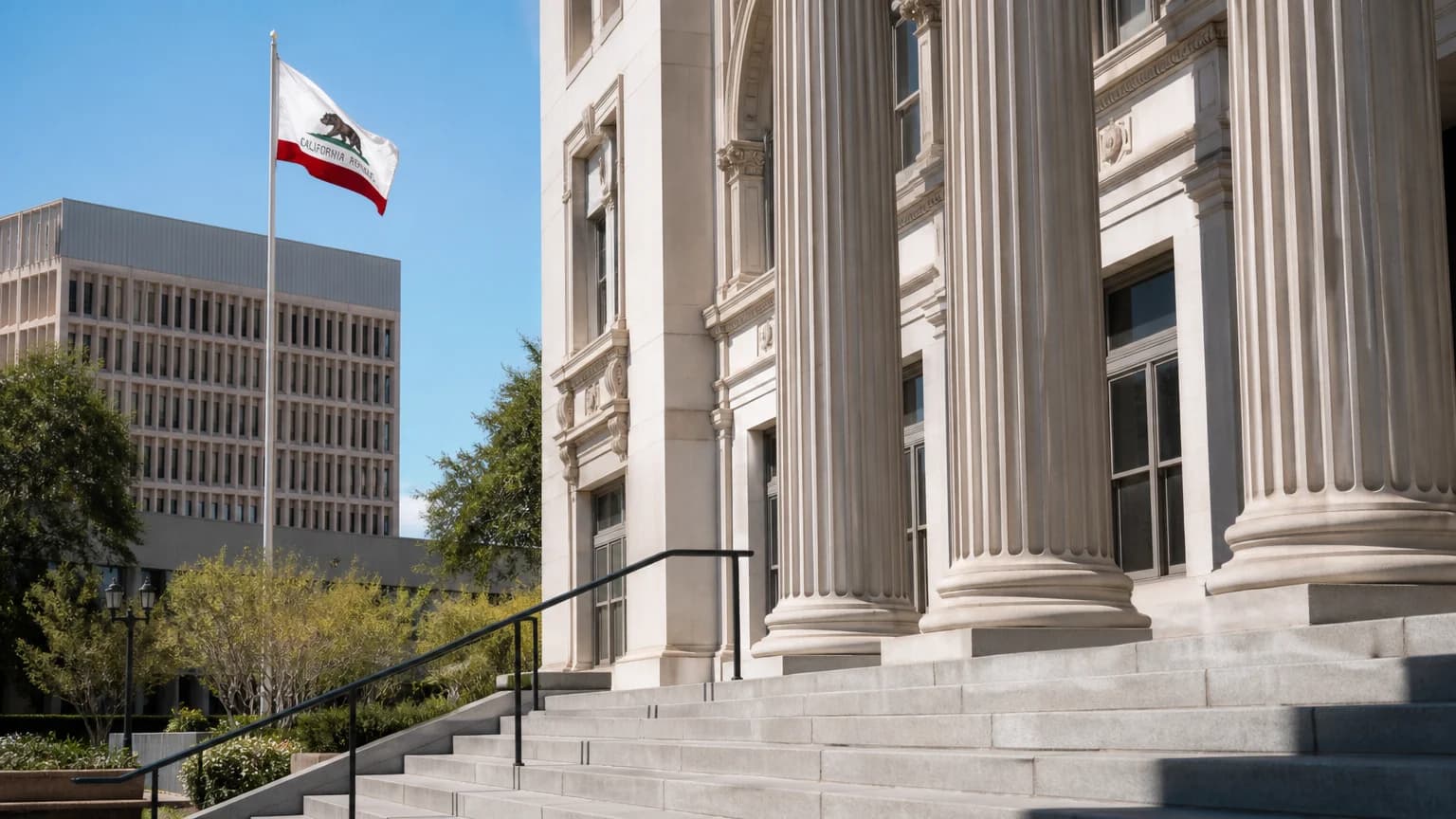 California Attorney Registry – empty California courthouse hallway with polished floors and tall windows at midday