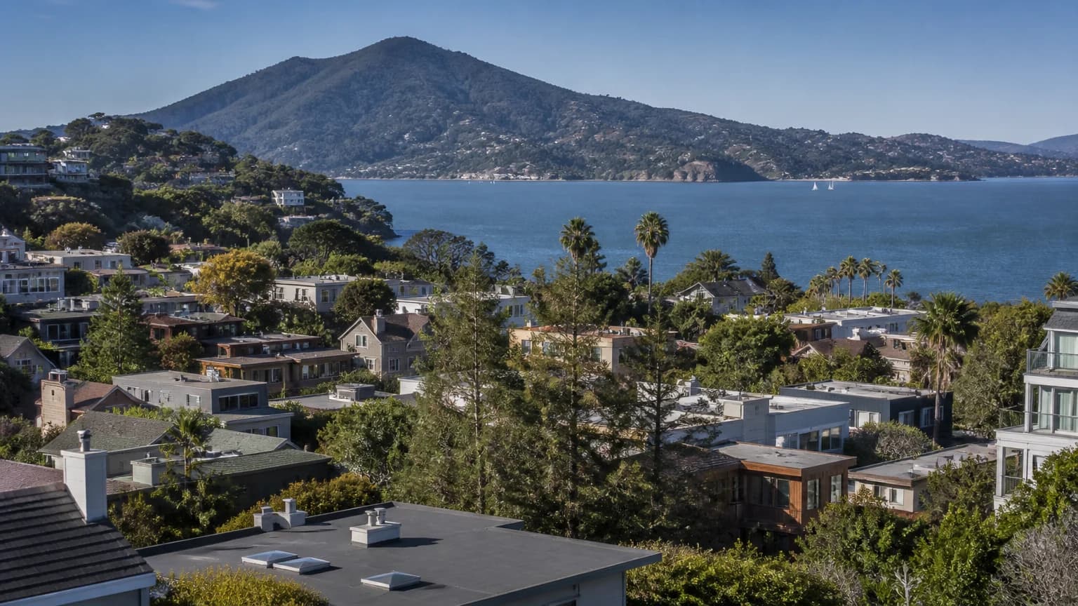 California Attorney Registry – row of pastel hillside houses overlooking a calm bay on a clear day